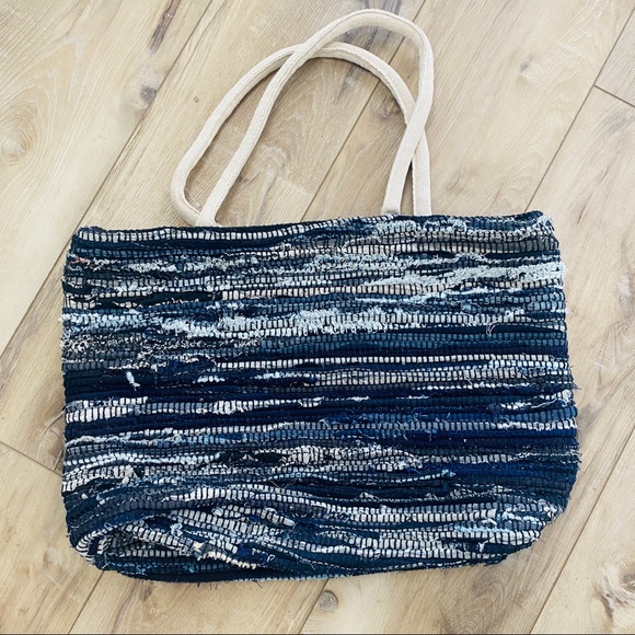 NWT Anthropologie Maybelle Handmade Denim Woven Large Bag Tote Beach - Picture 1 of 6